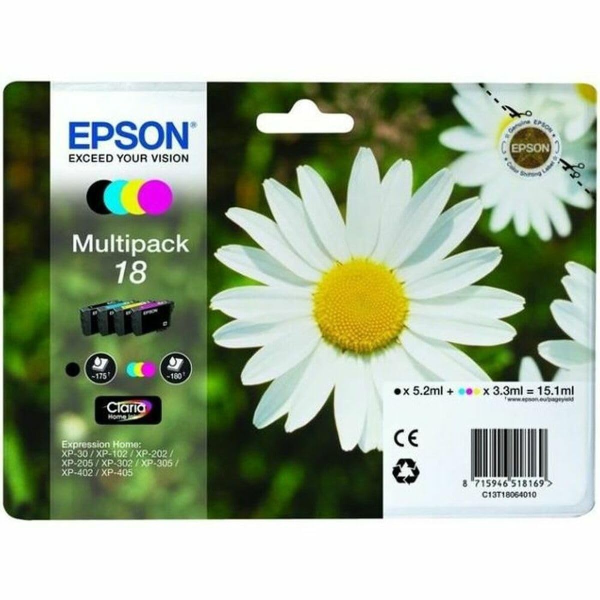 Epson Genuine Daisy Claria Multipack 18 Ink Cartridge - 4 Colours: Black, Cyan, Magenta, Yellow Cartridges - 1x 5.2ml, 3x 3.3ml - Brand manufactured for optimal result