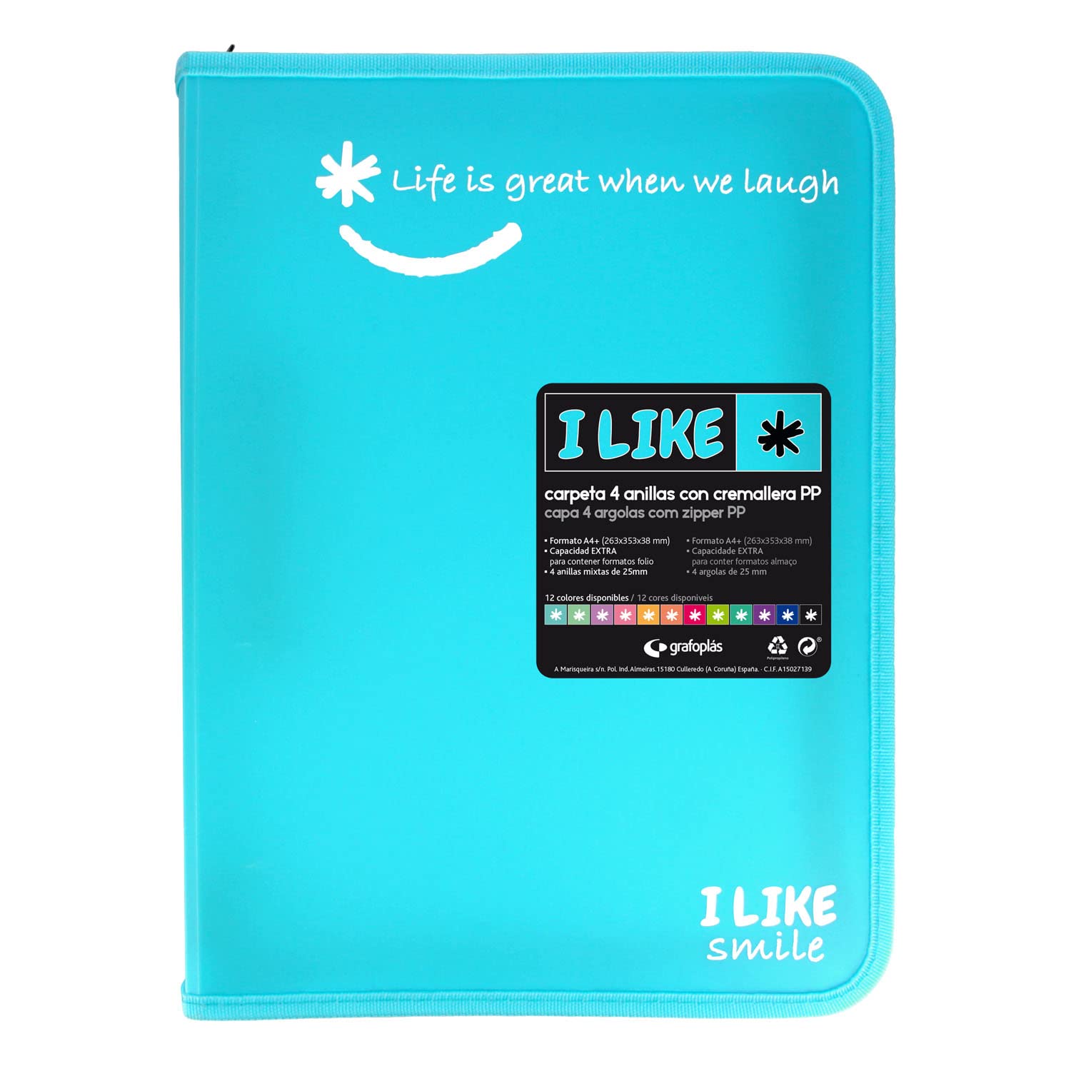 Grafoplás Zipper Ring Binder, A4+, Light Blue, 4 Ring 25 mm, I Like Smile Series