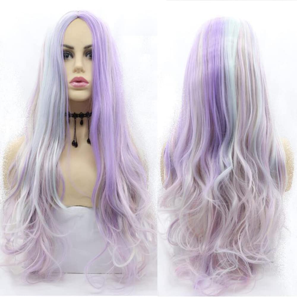 Xiweiya Wigs Rainbow Multi Color Synthetic Wig Long Body Wavy Blonde Purple Pink Mixed Color None Lace for Girl Party