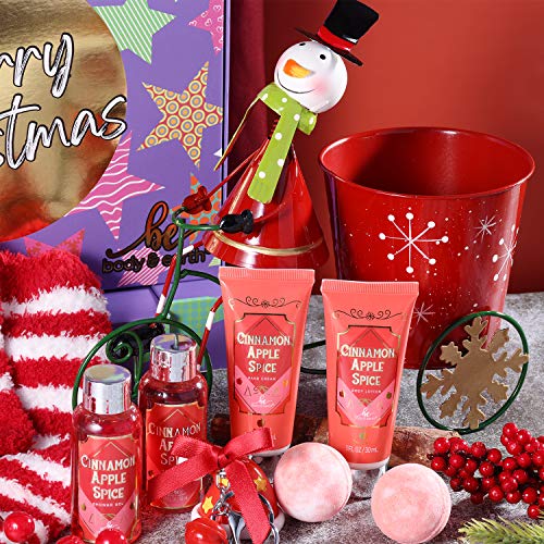 BODY & EARTH Bath and Body Gift Set - 9 Piece of Christmas Bath Gift Sets for Women,Cinnamon Apple Spice with Shower Gel,Body Lotion,Hand Cream,Bath Bomb,Socks and More