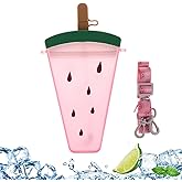 YFEIQI Cute Watermelon Slice Shape Water Bottles, 320ml Plastic Drinking Bottles with Straw and Adjustable Shoulder Strap, Portable Leakproof Water Cup for Outdoors Sports Camping Travel
