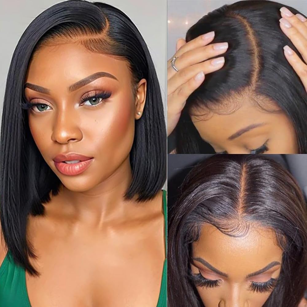 Fashion Idol 4x4 Lace Front Bob Wig Human Hair Wig for Women Pre Plucked With Baby Hair Brazilian Virgin Hair Natural Black 12"