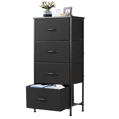 DUMOS Nightstand with 4 Drawers Bedside Table with Removable Fabric Bins Sturdy Steel Frame Wood Top Organizer Furniture for Bedroom Closet Living Room