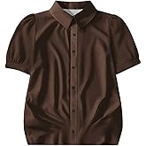 SOLY HUX Women's Plus Size Button Up Satin Blouse Short Sleeve Collared Shirt Tops