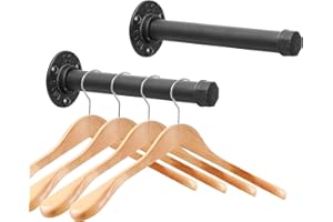 CAZZON Cast Iron Wall Mounted Clothes Rack, Heavy Duty Industrial Pipe Clothing Rack for Hanging Clothes, Garment Racks for Wardrobe Organizers and Storage, DIY Closet Rods Closet Bar (Black 2 Pack, 8 in)