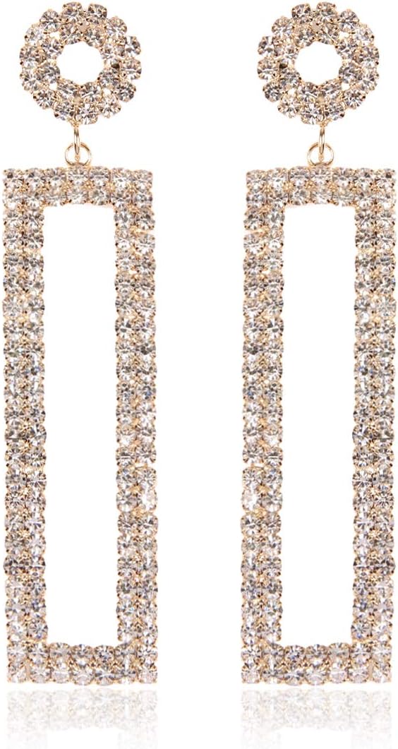 Sparkly Rhinestone Chandelier Statement Drop Earrings - Bridal Wedding Crystal Cubic Zirconia Geometric Dangles Rectangle, Teardrop, Pointed Oval Marquise, Rhombus
