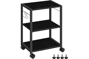 MAHANCRIS Printer Stand, 3-Tier Under Desk Rolling Cart with Storage Shelf, Heavy Duty Printer Table with Wheels for Home Office, Printer Shelf with 2 Hooks, for Small Spaces, Black PTHB4001V
