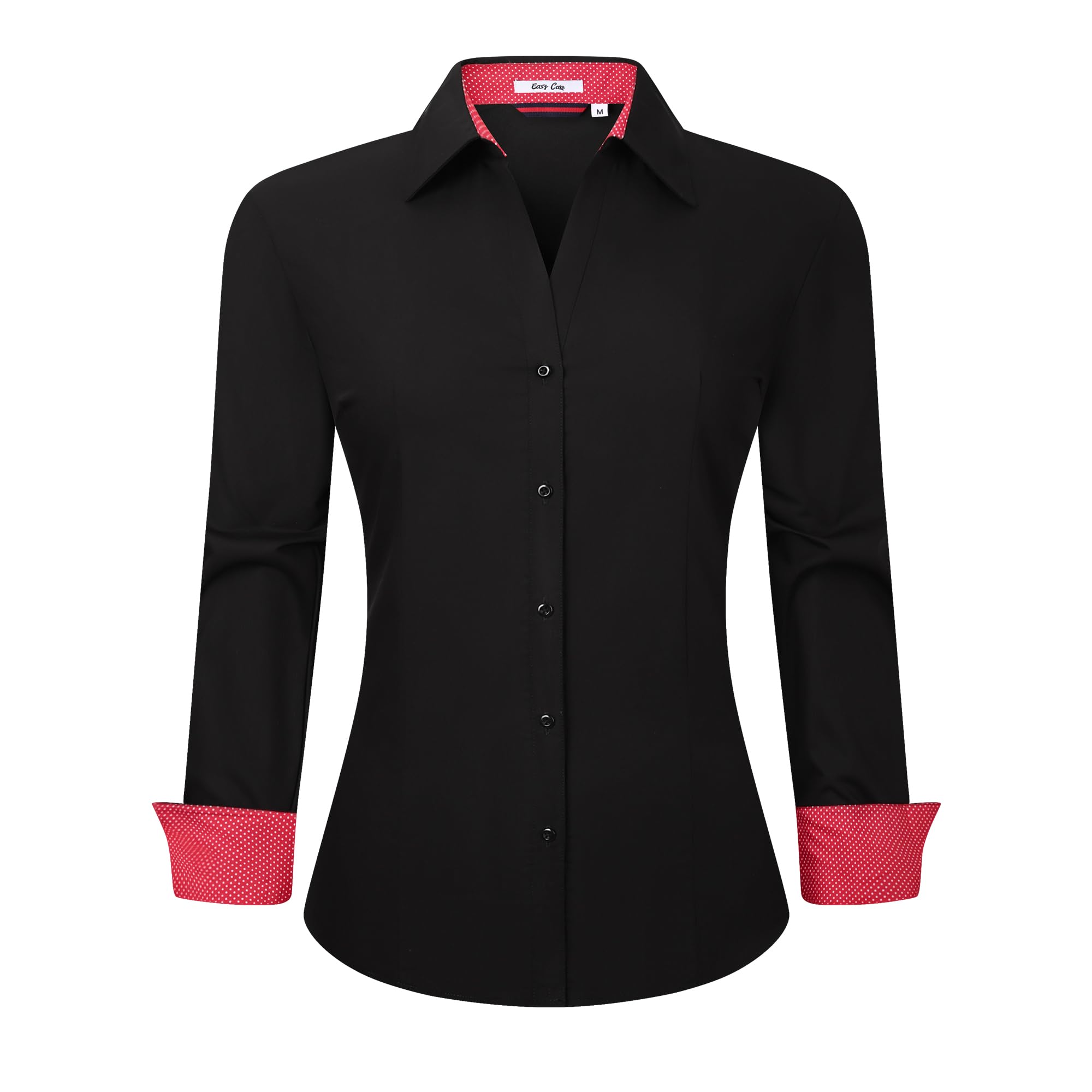 WARHORSEE Womens Button Down Shirt Long Sleeve Work Dress Shirts, V Neck Easy Care Stretchy Business Casual Blouses for Women(Black/reddot,3XL) Image