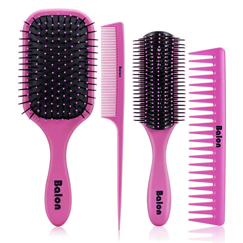4Pcs Paddle Hair Brush, Detangling Brush and Hair Comb Set for Women, Great On Wet or Dry Hair, No More Tangle Hairbrush for Long Thick Thin Curly Natural Hair (Pink)