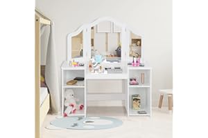 AKUSTIK Kids Vanity, 2 in 1 White Wooden Dressing Table for Toddlers with Tri-Folding Detachable Mirror, Storage Shelves, Pretend Princess Beauty Make Up Play Set for Little Girls
