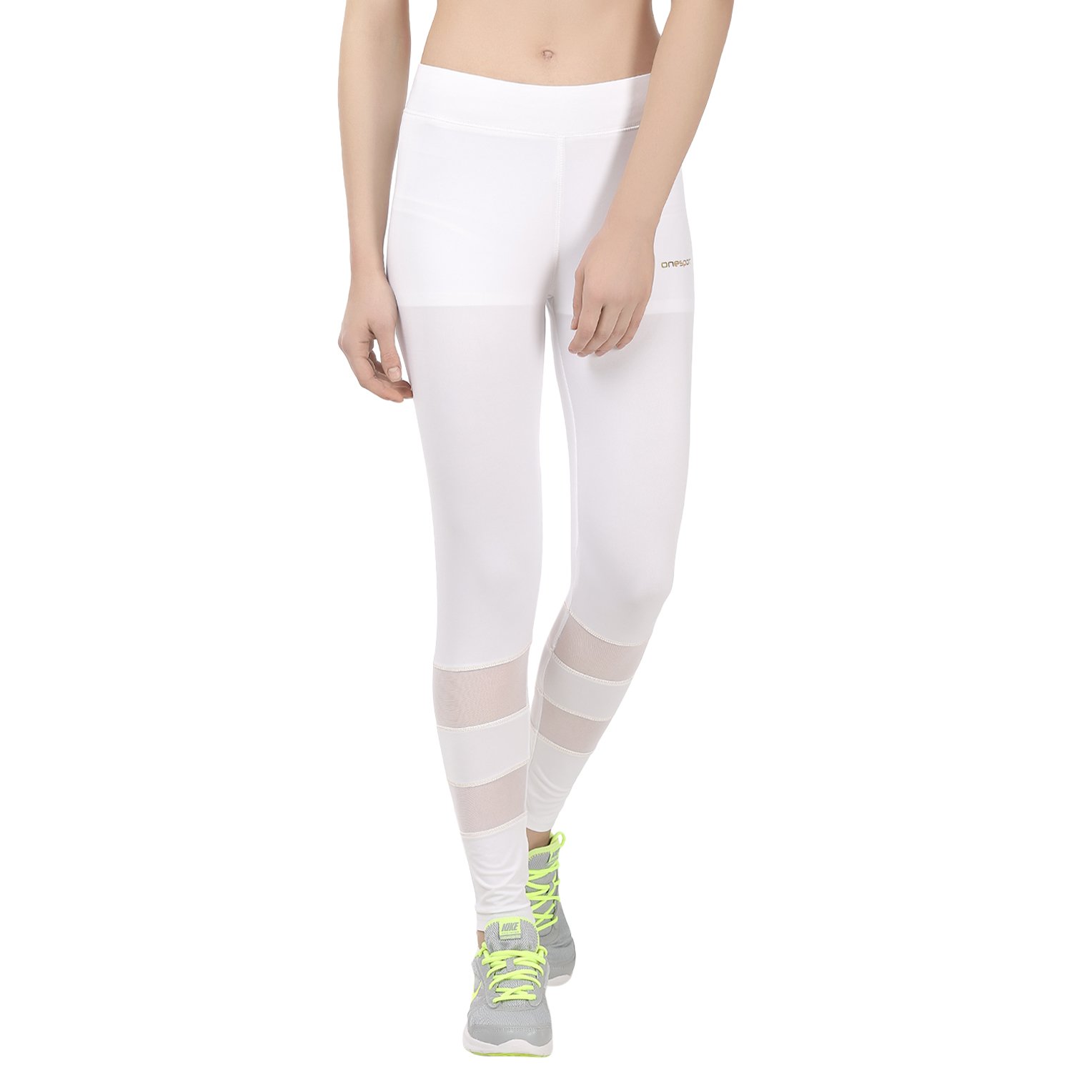 onesport white polyester spandex jersey solid slim fit sports tights for women(onsp31wta)