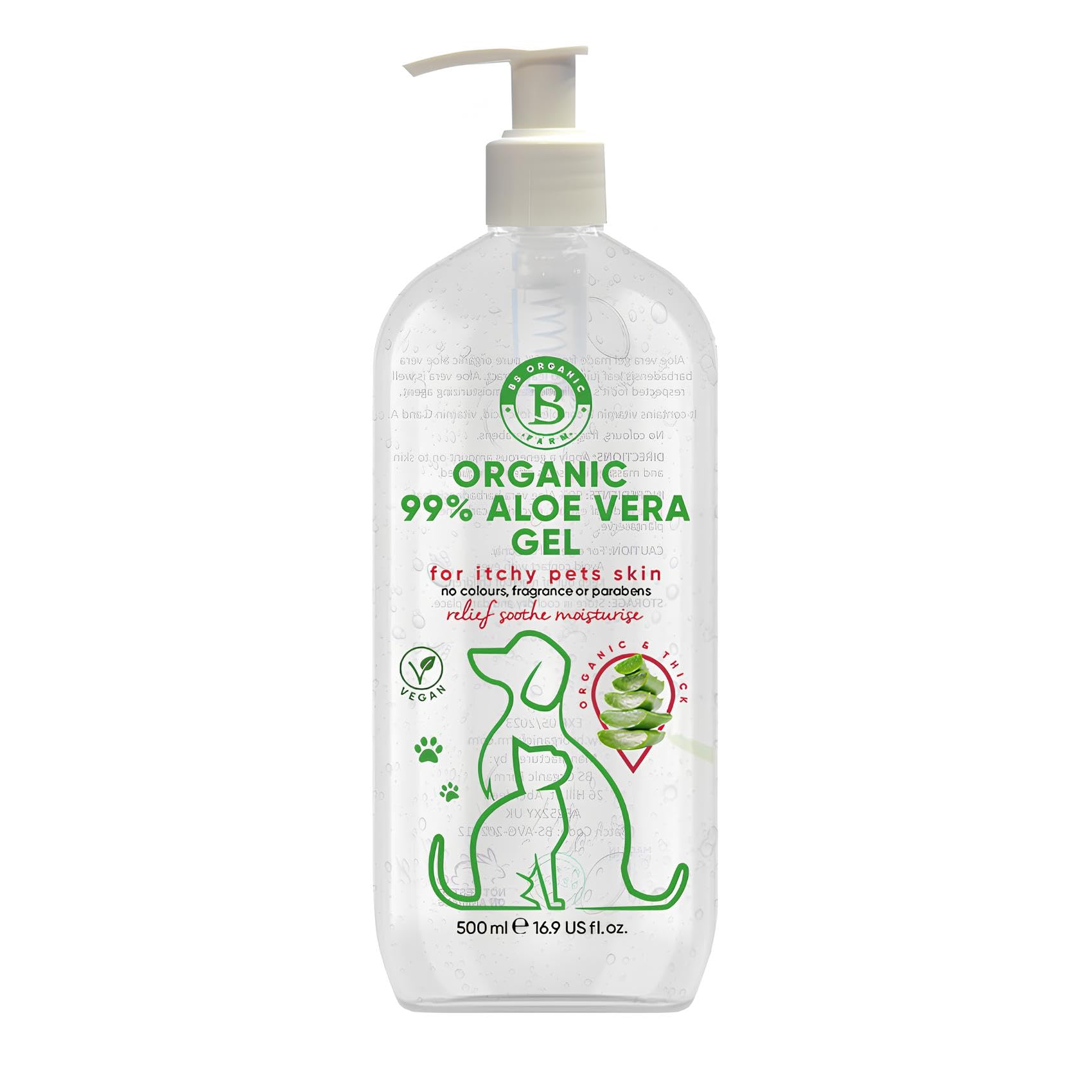 BS Organic Farm Aloe Vera Gel for Dogs & Cats | itchy dog skin relief | soothe, moisturiser, after sun care for dry pets skin | stings, insect bites 100% pure ingredients 500ml