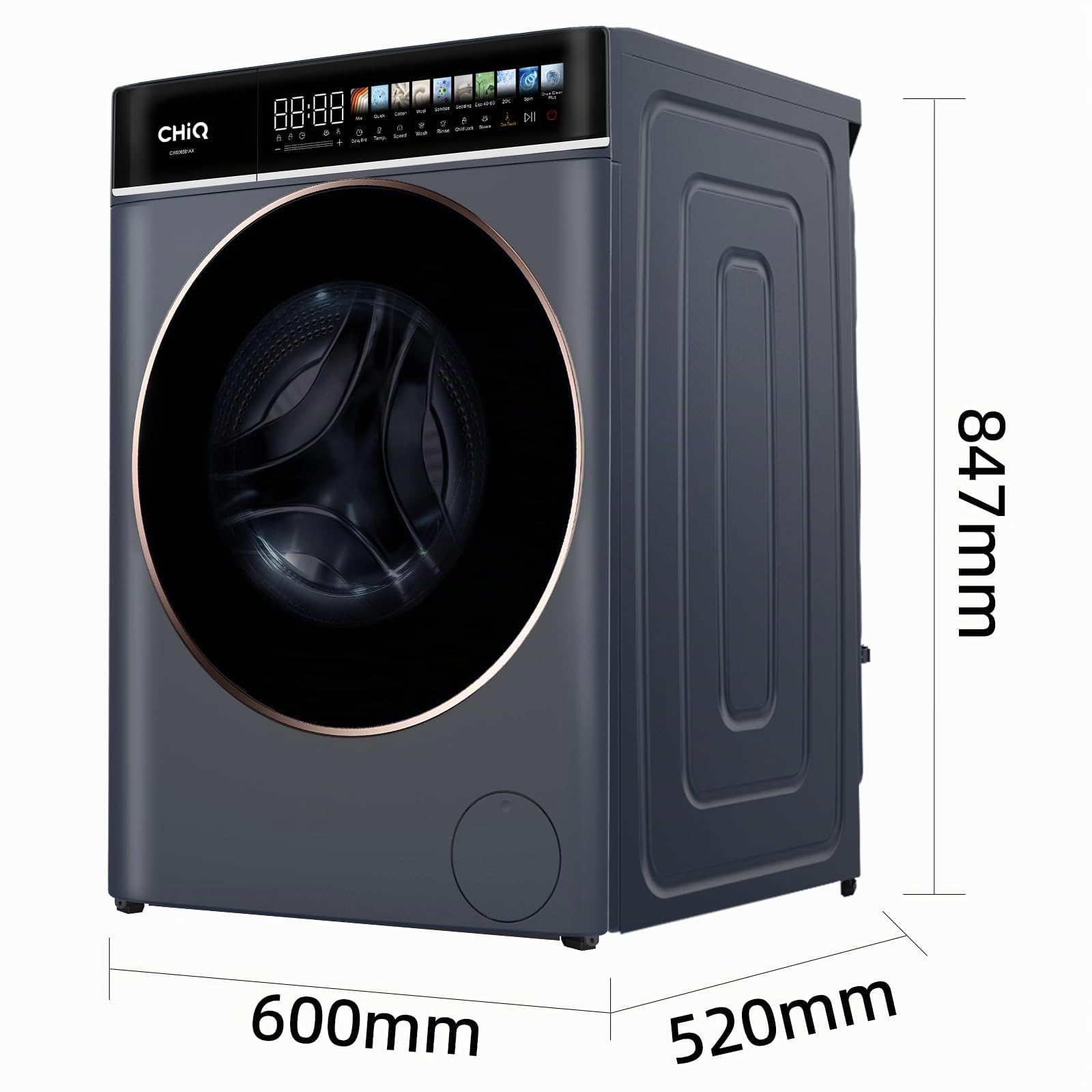 CHiQ Waschmaschine 8kg Frontlader, EEK A-15%, 1400 U/min, 15Min Schnellwäsche｜Touchscreen-Steuerung, Großtrommel, Dampffunktion| 52cm tief, Kindersicherung, Eco 40-60, Schwarz 2
