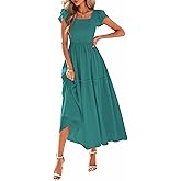KIRUNDO Smocked Summer Dresses for Women 2026 Wedding Guest Midi Flowy Ruffle Short Sleeve Square Neck Tiered Sundress