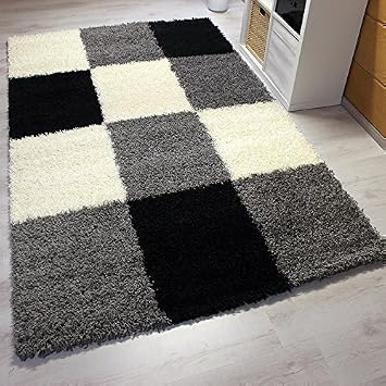 Vimoda Moderner Shaggy Hochflor Teppich Schwarz Grau Weiss