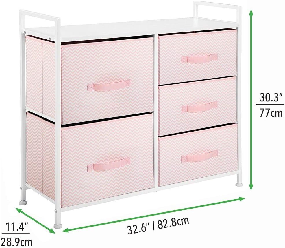 mDesign Wide Dresser Storage Tower Furniture - Metal Frame, Wood Top, Easy Pull Fabric Bins - Organizer for Kid's Bedroom, Hallway, Entryway, Closets, Dorm - Chevron Print, 5 Drawers - Pink/White: Home & Kitchen