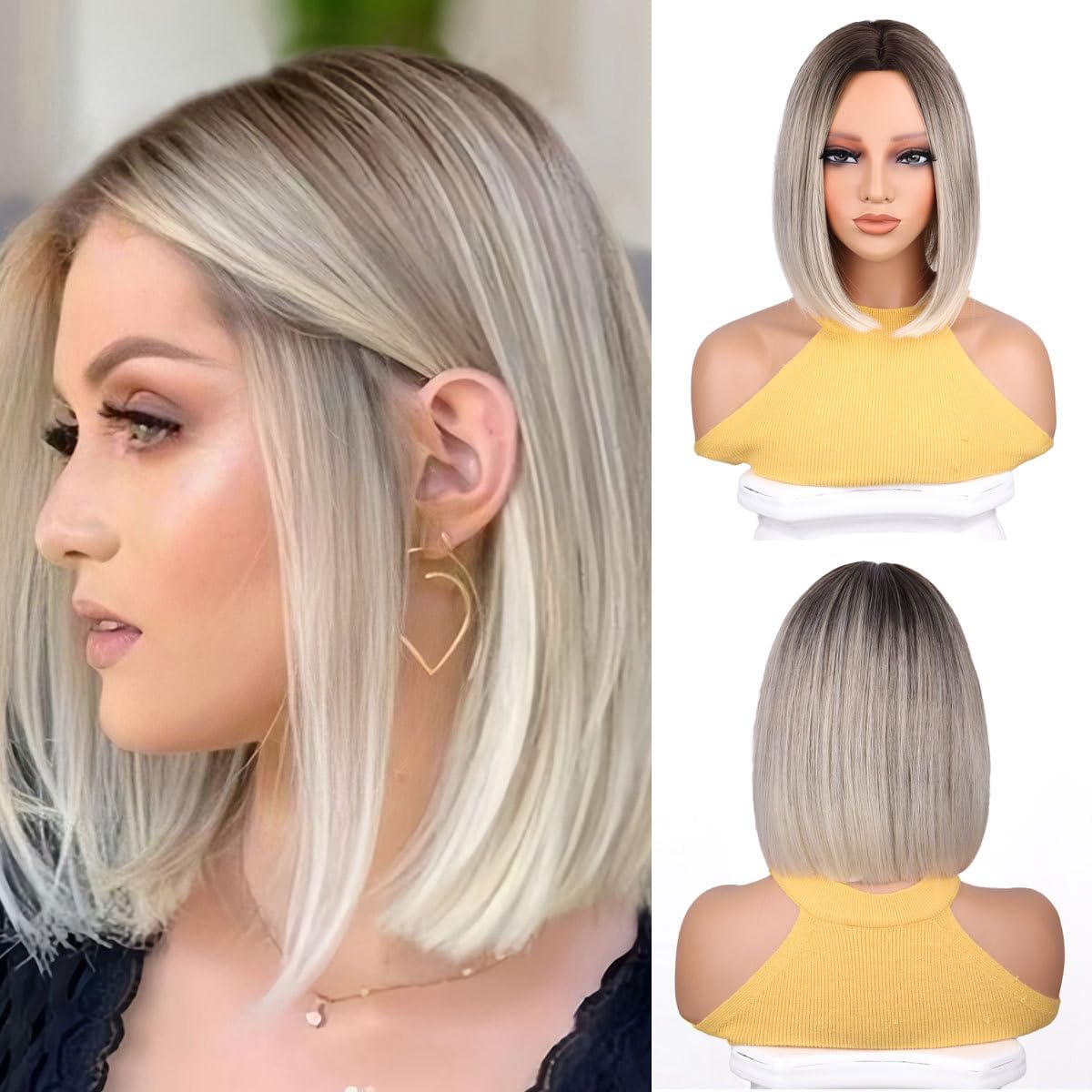 Photo 1 of Nuxovin Breathable Gray Gold Short Straight Wigs Human Hair with Natural Middle Part Lightweight for Daily Use (Gray Gold, 12inch)