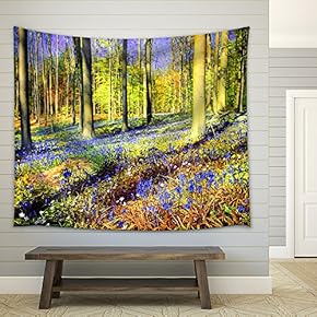 Spring Forest Covered with bluebells and Anemones Flowers - Fabric Wall Tapestry Home Decor - 51x60 inches