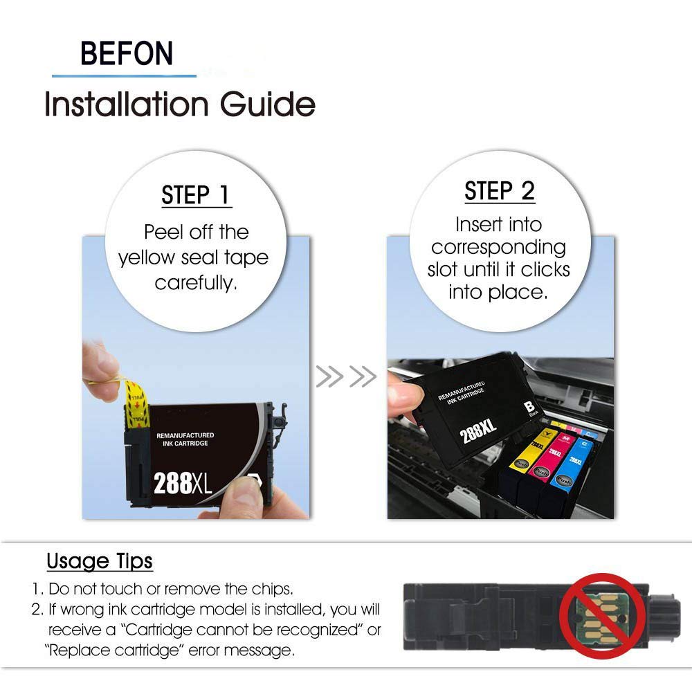 BEFON Remanufactured Ink Cartridge Replacement for 288XL 288 XL High Capacity to use with XP-330 XP-340 XP-430 XP-434 XP-440 XP-446 (3 Black, 1 Cyan, 1 Magenta, 1 Yellow, 6 Pack)