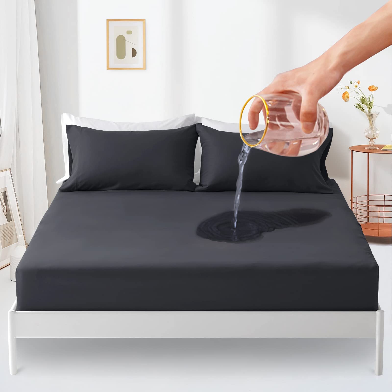 Waterproof Mattress Protector 122x190cm Mattress Covers, 30cm Deep Pocket Fitted Sheet, Mattress Protector with Elastic Rubber Band double Mattress Cover-Dark Grey — image 1