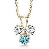 Gem Stone King 14K Yellow Gold White Lab Grown Diamond and Swiss Blue Topaz 3-Stone Pendant Necklace For Women (0.35 Cttw, Gemstone April Birthstone, Round 3MM, 18 Inch Chain)
