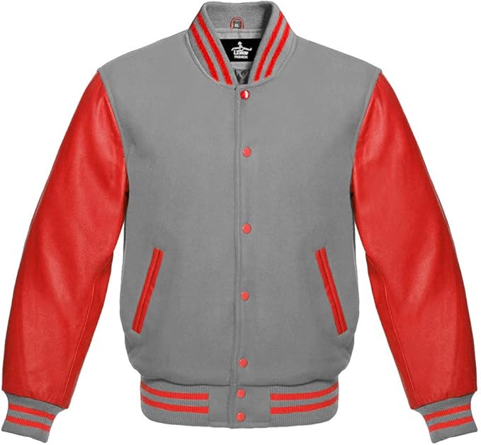 Varsity Jacket Baseball Letterman Bomber School Collage Light Grey Wool and Genuine Red Leather