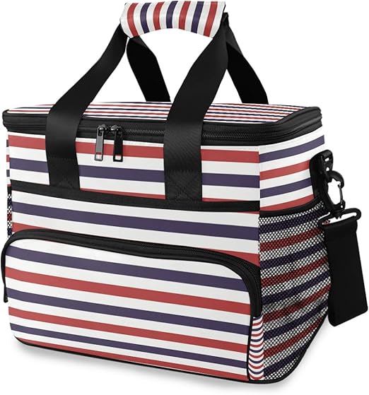 blue and white striped lunch bag