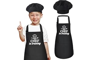 XLSXEXCL Kids Apron and Chef Hat Set, Funny Apron with 2 Pockets, Adjustable Kids Aprons for Cooking for Boys and Girls