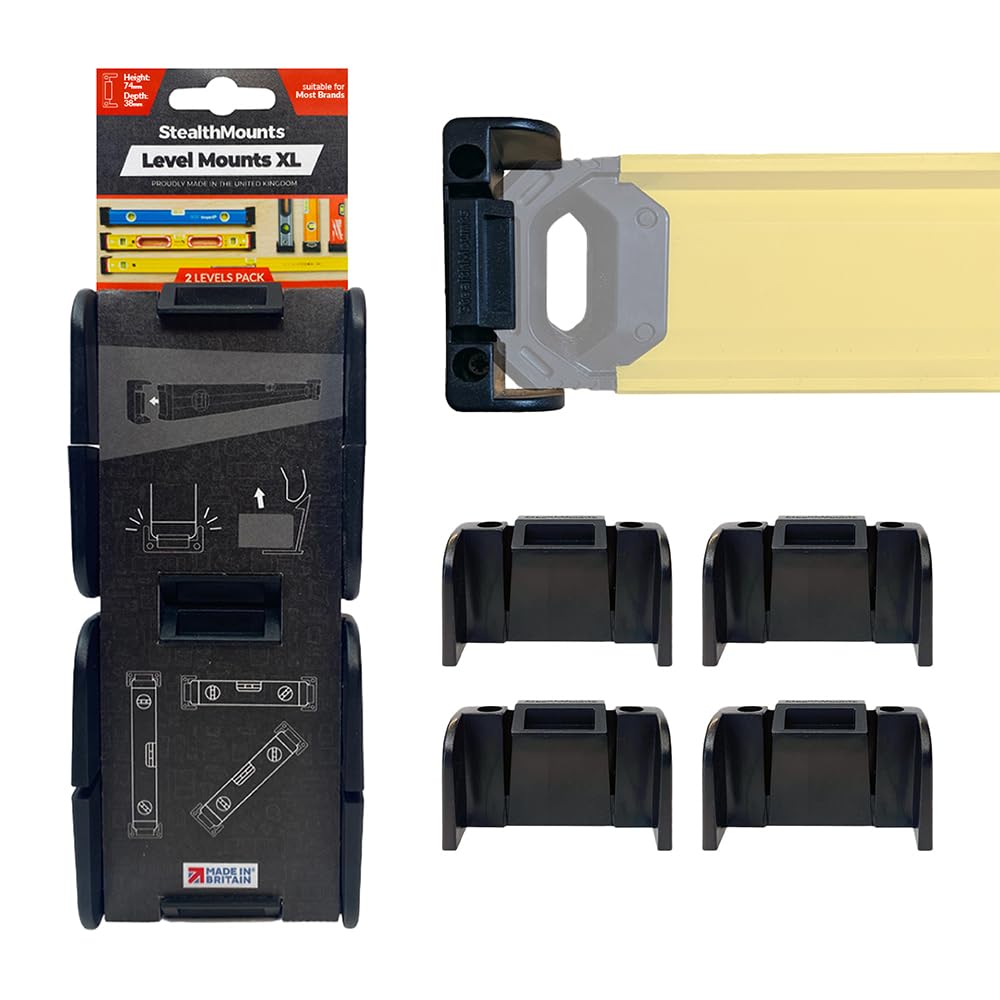StealthMounts Universal Level Holder XL – 2 Pack Black Wall Mounts for Spirit Levels | Fits Most Brands | Locking Level Brackets for Workshop, Garage & Van Storage | Heavy Duty ABS | Made in The UK