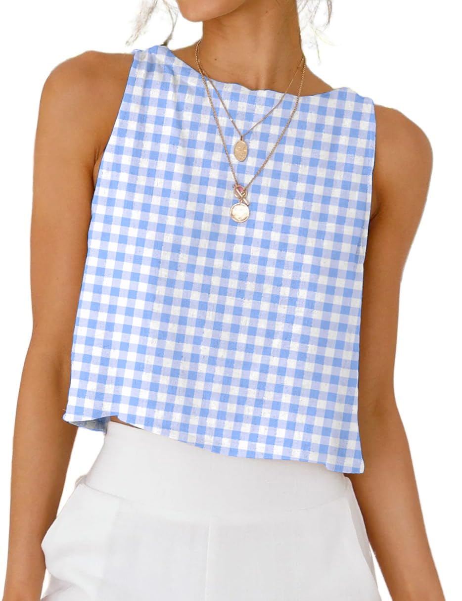 Photo 1 of IDEALSANXUN Vest Tops for Women 2025 Trendy Spring Summer Cute Crop Gingham Plaid Checkered Sleeveless Vest Top, Light Blue, XL