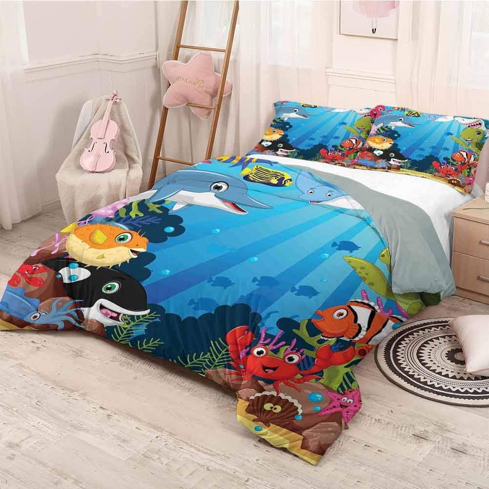 HELLOLEON Whale Extra Large Quilt Cover Colorful Underwater Sandy Ground Cartoon Shark Fin Sea Plants Art Print Can be Used as a Quilt Cover-Lightweight (King) Sky Blue Hot Pink Orange