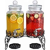 Double Glass Beverage Dispenser Set - 2 Gallon Punch Dispensers with Stand, Spigot, and Drip Trays | Ideal for Juice, Tea, and Party Drinks | Elegant Pitcher for Parties and Events