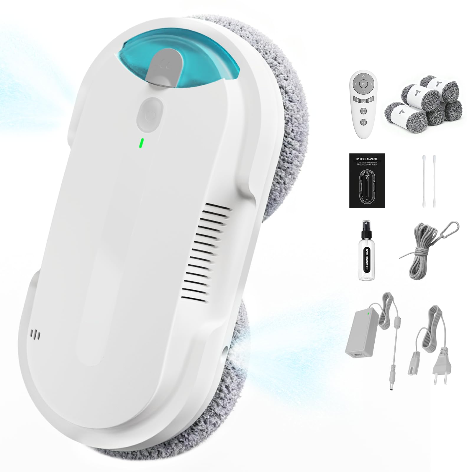 Robot limpiador de ventanas inteligente HIXZAP con pulverizador ultrasónico bidireccional y tanque de 85 ml - Detección automática de bordes, succión fuerte de 2400-3200 pa, protección anticaída para una limpieza sin esfuerzo