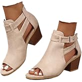 ZBYY Womens Peep Toe Ankle Booties Chunky Heels Cutout Back Zipper Sandals Suede Side Ankle Strap Dress Sandals