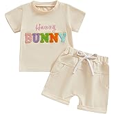 PUHHAPIEY Toddler Baby Girl Summer Clothes Embroidered Letter Graphic Short Sleeve T-Shirt Shirts + Elastic Shorts Set