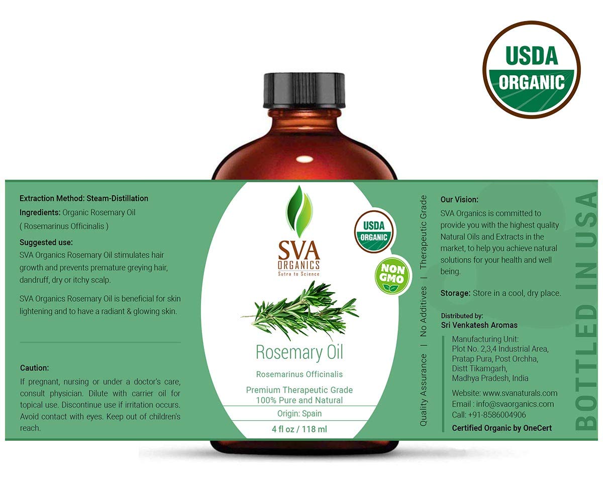 SVA Organics Rosemary Essential Oil Organic USDA 4 Oz 100% Pure & Natural, Authentic Premium Therapeutic Grade Oil for Hair, Skin, Massage and Aromatherapy: Beauty