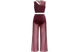 ODASDO Women Lyrical Dance Costumes Two Piece Outfit Tank Crop Tops with Mesh Wide Leg Pants Set