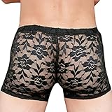 FEESHOW Men's Lace Boxer Briefs Shorts See Through Underwear Lingerie Black X-Large (Waistline:27.0-45.0)