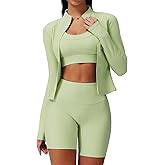 Women’s 3 Piece Workout Set – Sports Bra with Removable Pads, High Waist Biker Shorts & Zip Up Jacket for Yoga Gym Running