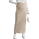 OYOANGLE Women's Maternity High Waist Long Maxi Skirt Casual Solid Adjustable Skirts