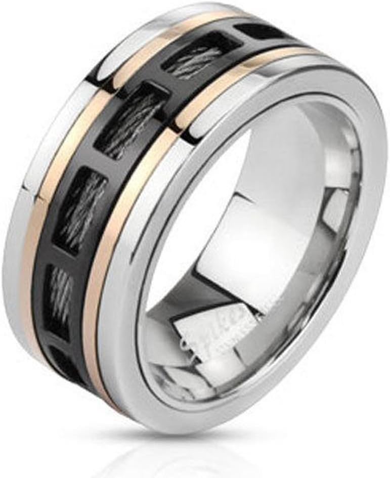 Vooxoo Fashion Design 316L Stainless Steel Men'S Tri-Tone Block Over Wire Spinning Band Ring Size 9-13