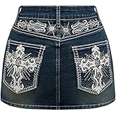 WDIRARA Women's Punk Goth Cross Embroidered Denim Mini Skirt Stretchy Low Rise Bodycon Jean Skirts