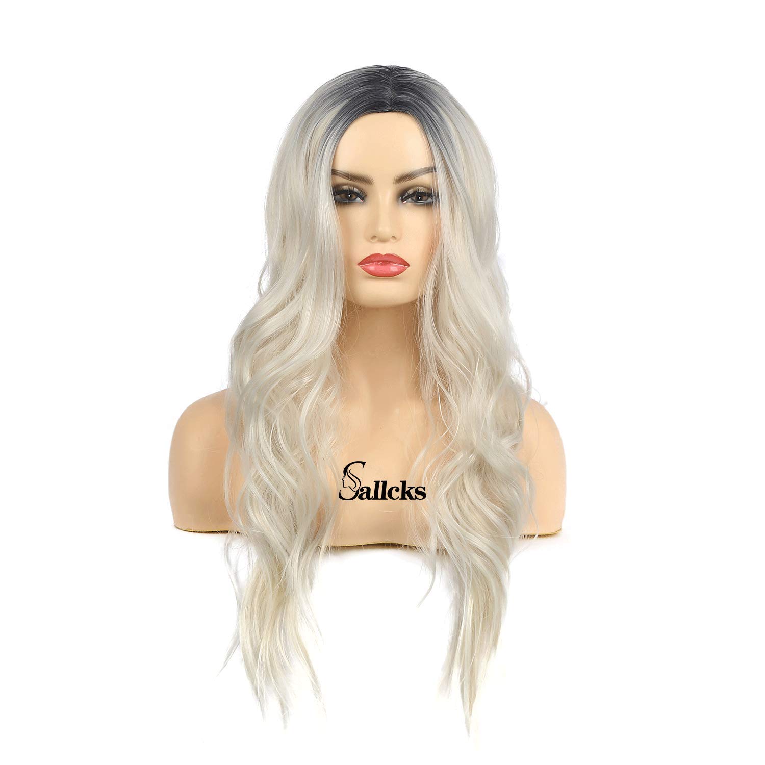 Sallcks Womens Long Curly Wavy Ombre Platinum Blonde Wigs Dyeing Color Synthetic Replacement Wigs Heat Resistant Party Daily Wig with Wig Cap