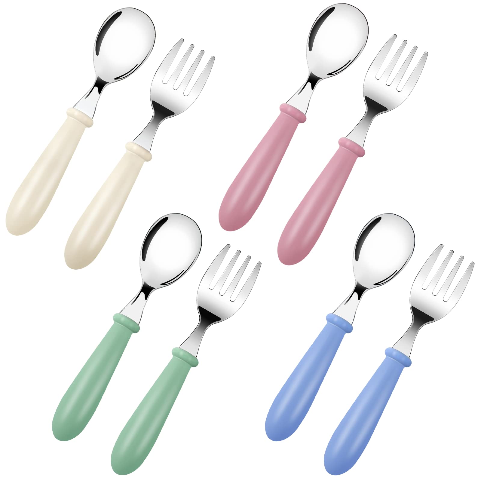 Bomtop Baby Fork and Spoon, Children's Cutlery Stainless Steel 8pcs Set, Kids Cutlery Toddler Utensils - 4 x Forks, 4 x Dinner Spoons, Feeding Utensils Weaning Spoons for Kids (Green Blue Pink White)