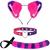 Halloween Pink and Purple Striped Cat Costume for Girls Women Cosplay Accessories Include Cat Ears Furry Tail and PU Choker