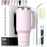 40 oz Tumbler with Handle,Tumbler with Lid and Straw,Double Wall Insulated Cup Stainless Steel Travel Mug(Cold for 34 Hours),Water Bottle for Iced Tea,Coffee,Cold Beverages(Rose Quartz)