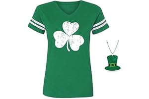 Esiaphia St Patricks Day Shirt Women with Green Necklace Four Leaf Crew-Neck Cotton Short Long Shirt for St. Patrick's Day