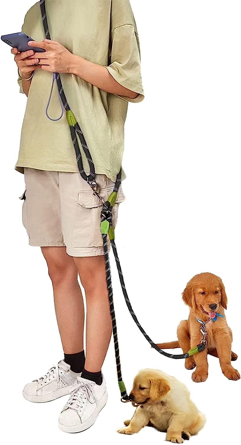 Dual Adjustable Dog Lead for Two Dogs, 2.3m (7.5ft) Reflective Double Pet Leash, 2 Length Options (2.1m/1.2m) for Walking & Training, 1.2cm Thick Heavy Duty Nylon Lead (Black, Double Dog)