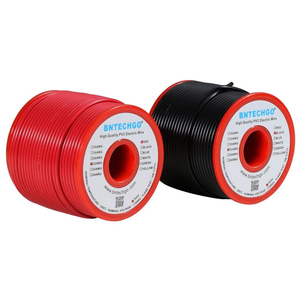 BNTECHGO 22 AWG 1007 Electric wire 22 Gauge PVC 1007 Wire Solid Wire Hook Up Wire 300V Solid Tinned Copper Wire Red and Black Each Color 100 ft Per Reel For DIY