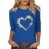 TKTSO Women Autism Awareness Shirt Autism Support 3/4 Sleeve Top Spring Inspirational Graphic Tee